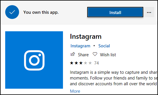 Windows Market'te Instagram