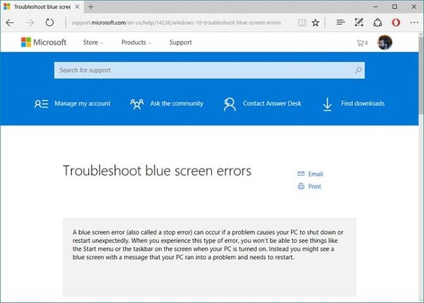 Windows.com/stopcode'a geçişte kullanıcı bunu görür